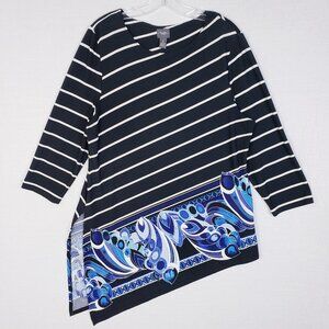 Chico's Travelers Tunic Top Diagonal Striped Floral Asymmetrical Long Sleeve 2/L